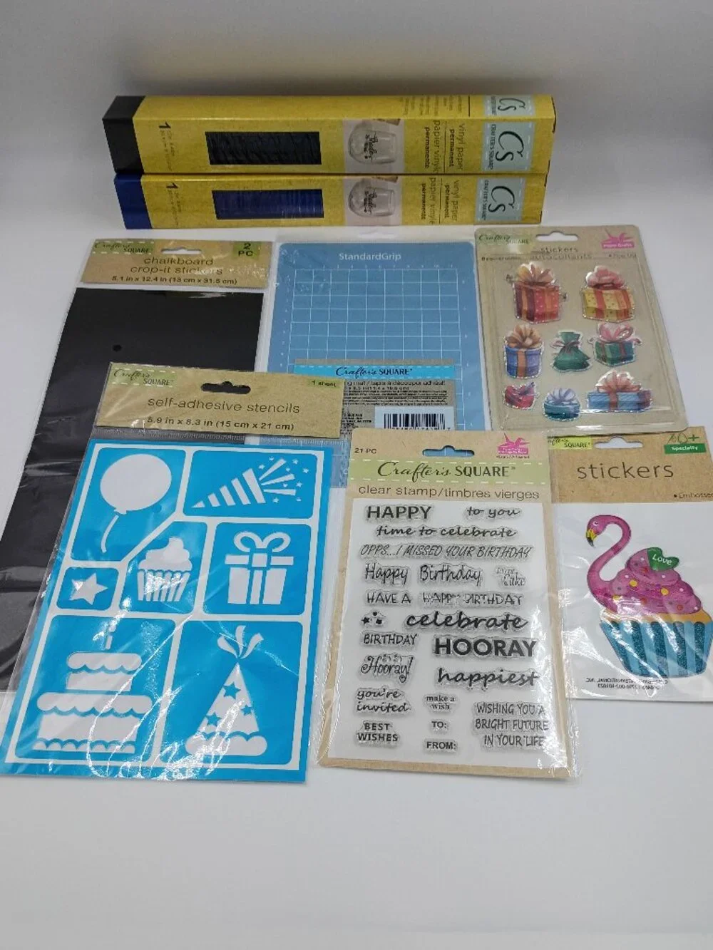 8-Pc Birthday Craft Bundle- Vinyl Rolls Stencils Clear Stamps Stickers